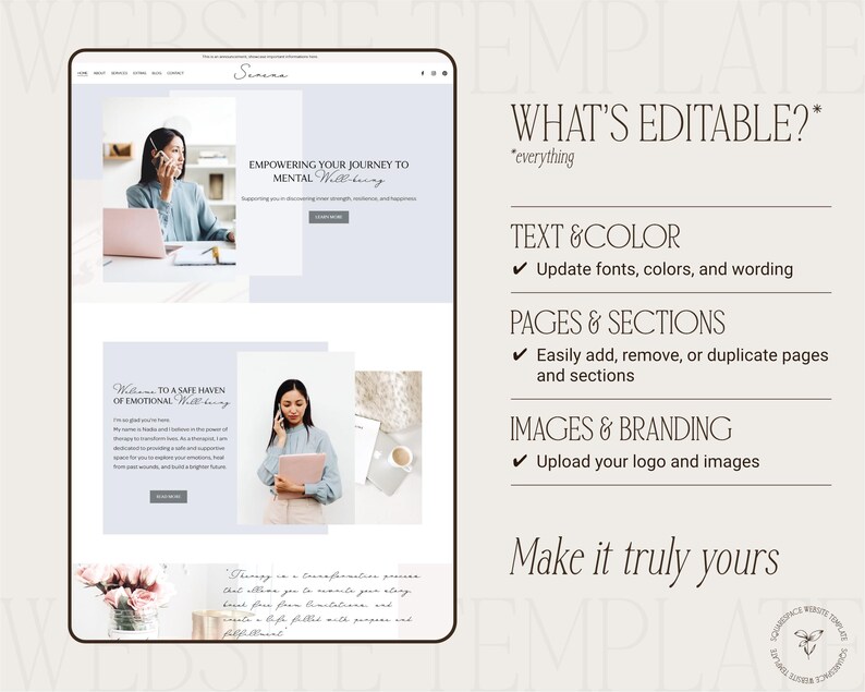 squarespace template for therapist in pastel blue  colors, therapist squarespace website design