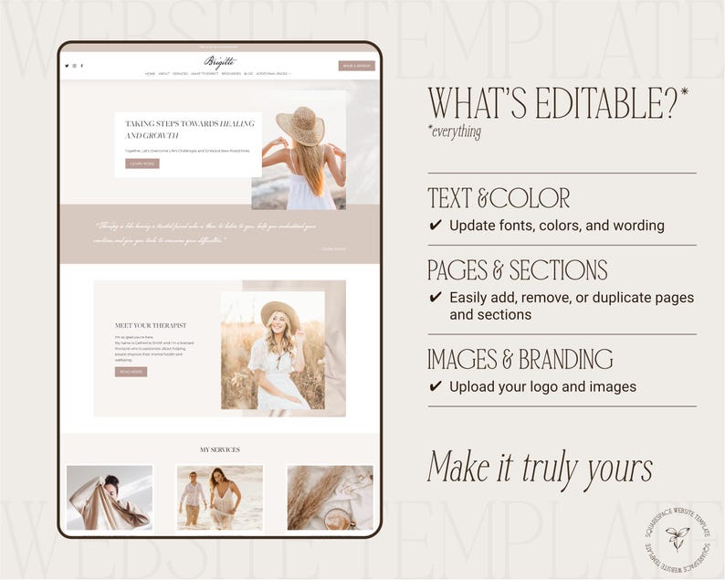 Therapist Squarespace website template what's editable