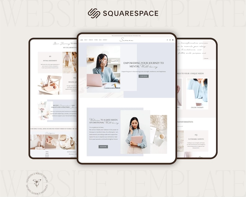 squarespace template for therapist in pastel blue  colors, therapist squarespace website design