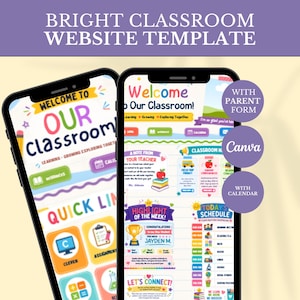 May include: Two smartphones displaying a bright classroom website template with colourful icons, text headers like Welcome to Our Classroom, and sections for schedules, quick links, and teacher notes. Purple circular badges highlight features.