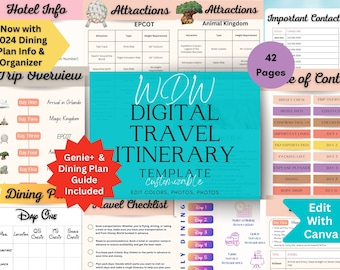 2024 WDW Mobile Travel Itinerary Planner Template with Hyperlinks - Fully Customizable - Now includes Dining Plan