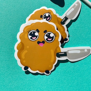 Pegatina Nugget de pollo con cuchillo I Pegatina Nuggies de pollo I Nugget de pollo I Pegatina Nugget de pollo con cara I Silly, Kawaii