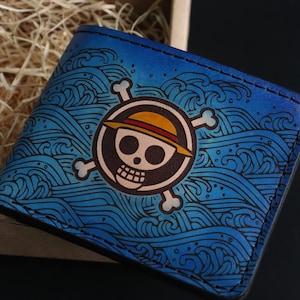 Carteira de anime, carteira de mangá japonesa, carteira de couro personalizada inspirada em anime pirata, feita à mão, presente de anime, carteira de ondas, caveira de arte de fã