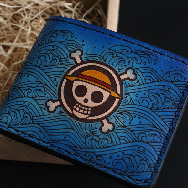 Portefeuille anime, portefeuille manga japonais, portefeuille en cuir personnalisé inspiré de l'anime pirate, fait main, cadeau anime, vagues portefeuille chapeau de paille, tête de mort