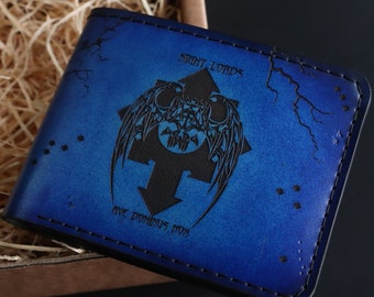 Bifold Wallet, Personalized Handmade leather Wallet, FAN ART,  Gift For Him, Ave Dominus Nox, bat, thunder, skull wallet
