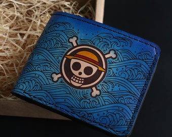 Portefeuille anime, portefeuille manga japonais, portefeuille en cuir personnalisé inspiré de l'anime de pirate, fait main, cadeau anime, portefeuille vagues, crâne de fan art