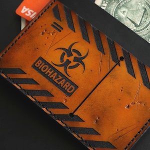 Handmade Leather Biohazard Wallet: Laser Engraved Minimalist Card Holder, Fallout inspired