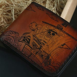 Carteira de couro feita à mão, Navio pirata, Carteira personalizada, Fan art, Presente de anime, Bandeira pirata, Design japonês, Onda, Carteira minimalista, Mangá