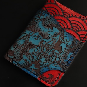 Portafoglio Koi Fish, portafoglio minimalista fatto a mano, design giapponese, onde, portafoglio fatto a mano