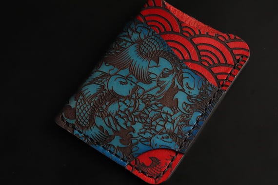 Handmade Leather Koi Fish Cardholder, Japanese Wave Design Wallet, Artisan hand dyed Slim Wallet Art Deco Leather Card Sleeve, vibrant color