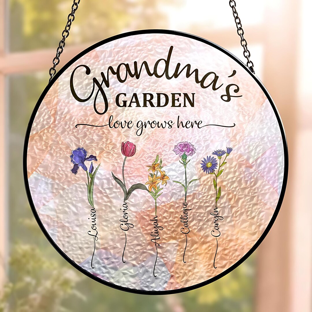 Personalized Grandma's Garden Stained Glass Suncatcher, Custom Birth Month Flowers Glass Art, Mother's Day Gift, Grandma Gift From Grandkids