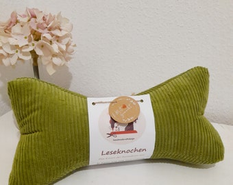 Cord Leseknochen Nackenkissen 36x18 cm,  Handmade hellgrün