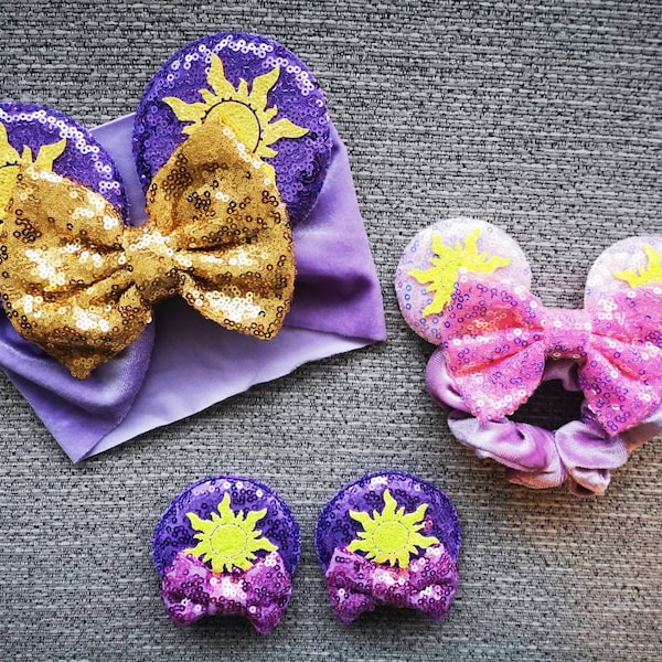 Disney Inspired Rapunzel Mickey Elasticated Headband Ears, Moana, Snow White, Minnie clips scrunchie