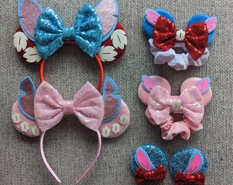 Disney Inspired Stitch Angel Mickey Clip Ears, Buzz, Moana, Snow White, Minnie scrunchie, hair