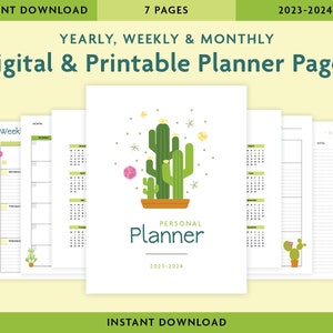2023-2024 Printable & Digital Planner Pages: Yearly, Monthly and Weekly Planner Pages (7 pages). Cactus Flowers design.
