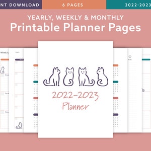 2022-2023 Yearly, Monthly & Weekly Planner, Cozy Cats, Printable Planner Letter, A4, A5, Half Letter Size