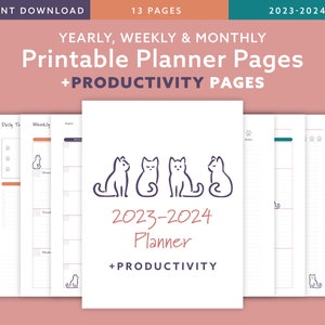 2023-2024 +Productivity Yearly, Monthly & Weekly Planner, Cozy Cats, Printable Planner Letter, A4, A5, Half Letter Size