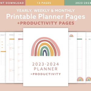 2023-2024 +Productivity Yearly, Monthly & Weekly Planner, Millennial Rainbow, Printable Planner Letter, A4, A5, Half Letter Size