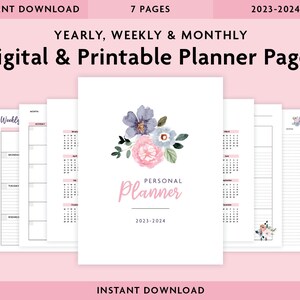 2023-2024 Printable & Digital Planner Pages, mix-and-match yearly, monthly and weekly planner pages (7 pages total). Pink Floral design.