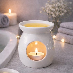 May include: A white ceramic essential oil diffuser with a lit tea light candle inside. The diffuser has a round opening and a bowl-shaped top filled with yellow oil. The scene includes candles, towels, and a small bowl of wax melts.