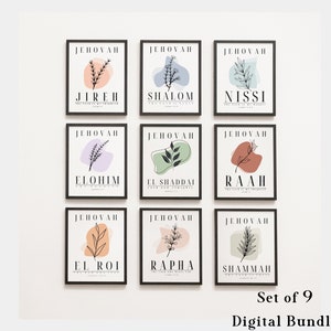 Arte de parede para impressão com nomes hebraicos de Deus, Jeová Jireh Rapha Shalom Nissi Raah Shammah Elohim El Roi El Shaddai, arte de parede cristã
