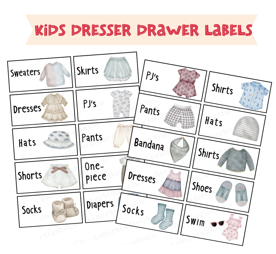 Kids Dresser Drawer Labels, Organization Labels, Digital Download, Kids