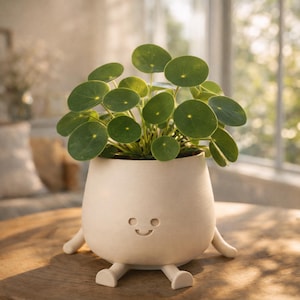May include: A small, off-white ceramic planter with a smiling face and small legs, holding a green plant with round leaves. The planter sits on a wooden surface, with a blurred background of a window and natural light.