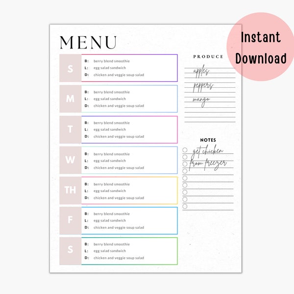 Printable Menu Planner - Menu Planner with Grocery List and Notes , Printable Menu, Weekly Menu Planner, Organization Tools, PDF Download