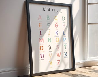 God Is A-Z Wall Art Kids, Bible Verse Print, Christian Nursery Decor, Alphabet Poster, Aesthetic Christian Wall Art, Modern Christian Art