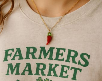 Farmers Market Necklace, Chili Pepper Glass Bead Necklace, Dainty Charms, Vintage Chunky Necklace Charm, Birthday Gift