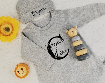 Personalized baby romper and hat set，custom baby infant boy coming home outfit,personalised baby sleep suit,Personalized Newborn Name Outfit