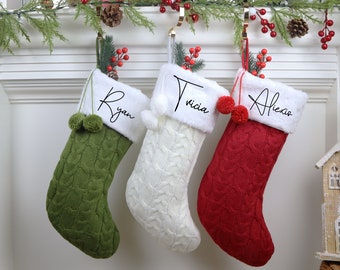 Personalized Christmas Stockings,Knitted Christmas Stockings with a pom pom,Cable Knit Stocking,Family Stockings Monogram Christmas Stocking