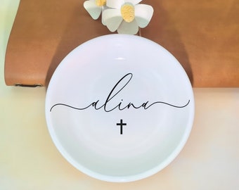 Personalized Baptism Ring Dish,Baptism Gift Girl,First Communion Gift Girl,Custom Ring Dish with Cross,Goddaughter Gifts for Baptism