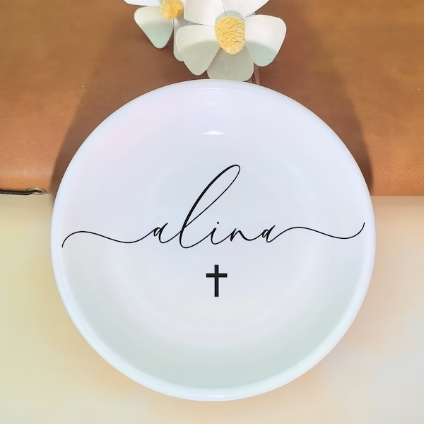 Personalized Baptism Ring Dish,Baptism Gift Girl,First Communion Gift Girl,Custom Ring Dish with Cross,Goddaughter Gifts for Baptism