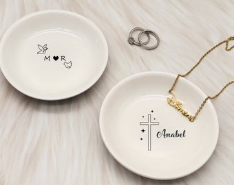 First Communion Gift, Baptism Gift Girl,Custom Ring Dish with Cross, Birthday Gift, Gift for Her,Personalized name ring dish，Gift for Mom