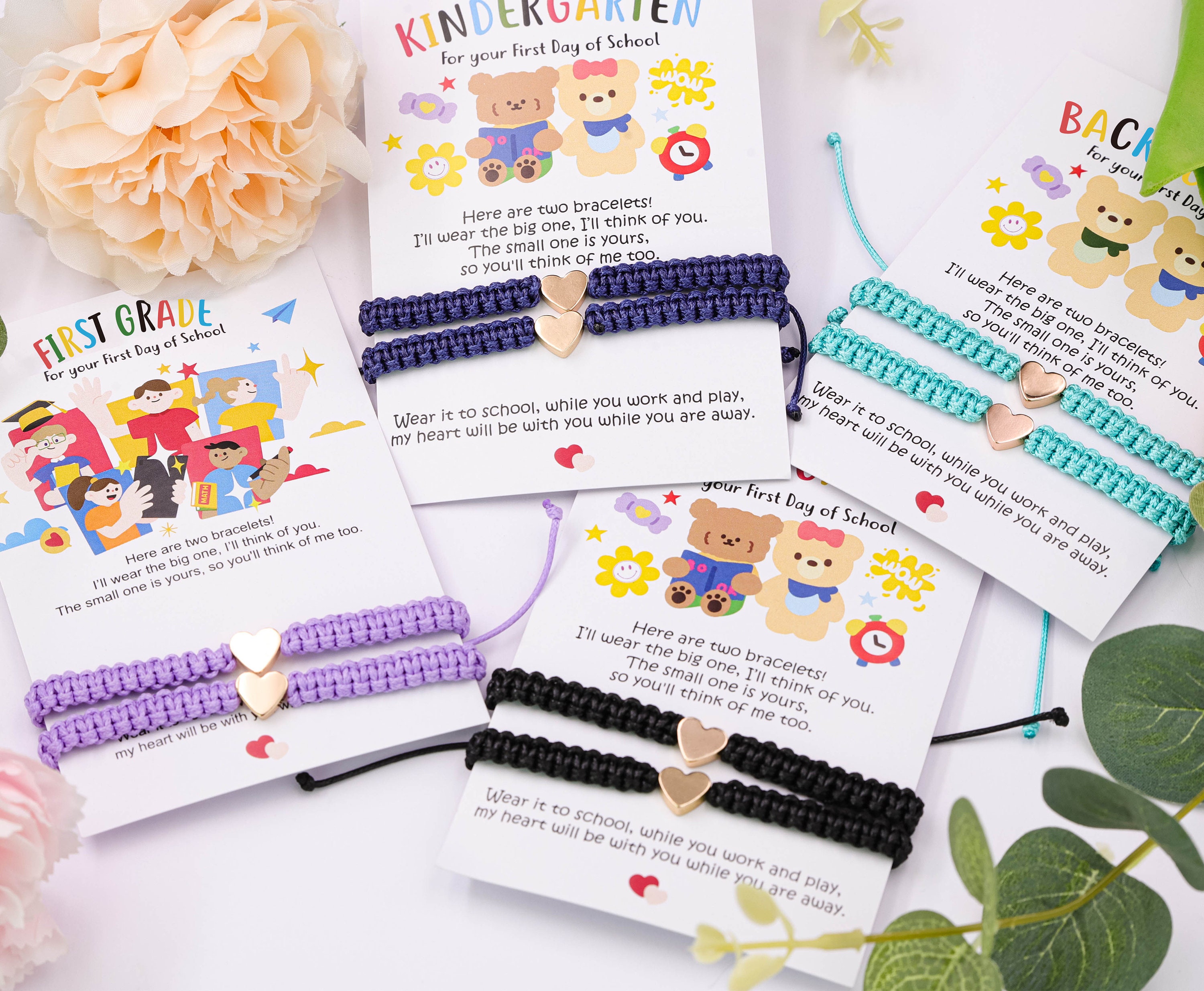First Day of Kindergarten Mommy and Me Gold Heart Matching Bracelets.Back To School Gifts,Family Bracelet,Wish Bracelet,Preschool Gift