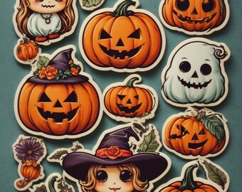 Adesivo de Halloween estilo Kawaii pacote digital de abóbora SVG e PNG