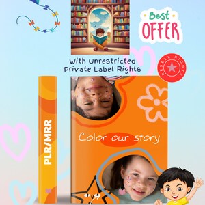 Puede incluir: Una portada de libro electrónico colorida con el título "Children's Ebook Goldmine" y el texto "Color our story". La portada presenta a un niño con puntos coloridos en la cara y una estrella con cara de gato. El texto "PLR/MRR" está en el lateral de la portada.