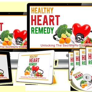K&ouml;nnte beinhalten: Ein digitales Produktpaket f&uuml;r ein gesundes Herzmittel. Das Paket enth&auml;lt einen digitalen Download, einen Computerbildschirm und ein Tablet. Das Produkt hei&szlig;t "Healthy Heart Remedy: Unlocking The Secrets To Vitality".