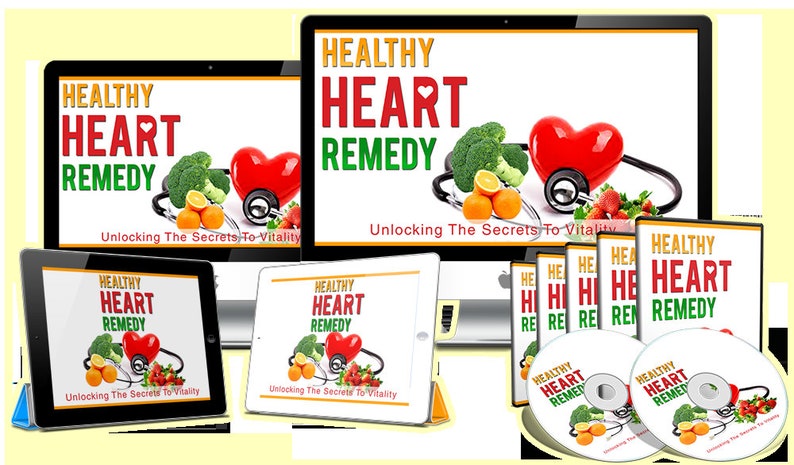K&ouml;nnte beinhalten: Ein digitales Produktpaket f&uuml;r ein gesundes Herzmittel. Das Paket enth&auml;lt einen digitalen Download, einen Computerbildschirm und ein Tablet. Das Produkt hei&szlig;t "Healthy Heart Remedy: Unlocking The Secrets To Vitality".