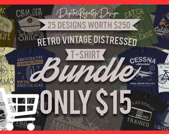 Conjunto de 25 designs de camisetas retrô vintage envelhecidas com amostras de maquete – seu companheiro perfeito de impressão sob demanda para o clássico cool!