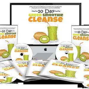 K&ouml;nnte beinhalten: Ein Computerbildschirm zeigt ein Programm zur gr&uuml;nen Smoothie-Reinigung mit einem Glas gr&uuml;nem Smoothie und Kiwis. Der Bildschirm ist von DVDs und Brosch&uuml;ren mit dem gleichen Design umgeben.