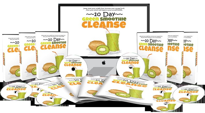 K&ouml;nnte beinhalten: Ein Computerbildschirm zeigt ein Programm zur gr&uuml;nen Smoothie-Reinigung mit einem Glas gr&uuml;nem Smoothie und Kiwis. Der Bildschirm ist von DVDs und Brosch&uuml;ren mit dem gleichen Design umgeben.
