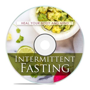 K&ouml;nnte beinhalten: Eine gr&uuml;n-wei&szlig;e CD mit dem Text "HEAL YOUR BODY AND MIND" und "INTERMITTENT FASTING". Die CD zeigt ein Bild einer Sch&uuml;ssel mit Essen, Avocado, Koriander und Limette.