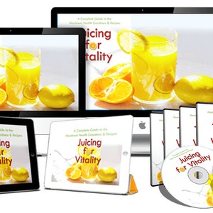 K&ouml;nnte beinhalten: Ein digitales Produktpaket f&uuml;r einen Saft-Leitfaden namens "Juicing for Vitality". Das Paket beinhaltet ein digitales Buch, ein Tablet, einen Computer und eine DVD. Das Cover des Buches und der DVD zeigt ein Glas Orangensaft und Zitronen.