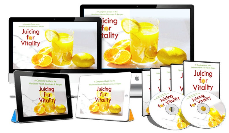 K&ouml;nnte beinhalten: Ein digitales Produktpaket f&uuml;r einen Saft-Leitfaden namens "Juicing for Vitality". Das Paket beinhaltet ein digitales Buch, ein Tablet, einen Computer und eine DVD. Das Cover des Buches und der DVD zeigt ein Glas Orangensaft und Zitronen.