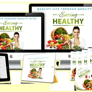 K&ouml;nnte beinhalten: Eine digitale Marketingkampagne f&uuml;r ein gesundes Ern&auml;hrungsprogramm namens "Gesund Essen". Die Kampagne zeigt eine Frau, die einen Korb mit frischem Obst und Gem&uuml;se h&auml;lt, und den Text "Quality Life Through Quality Bites - Eating Healthy".