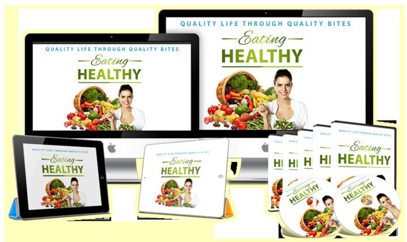 K&ouml;nnte beinhalten: Eine digitale Marketingkampagne f&uuml;r ein gesundes Ern&auml;hrungsprogramm namens "Gesund Essen". Die Kampagne zeigt eine Frau, die einen Korb mit frischem Obst und Gem&uuml;se h&auml;lt, und den Text "Quality Life Through Quality Bites - Eating Healthy".