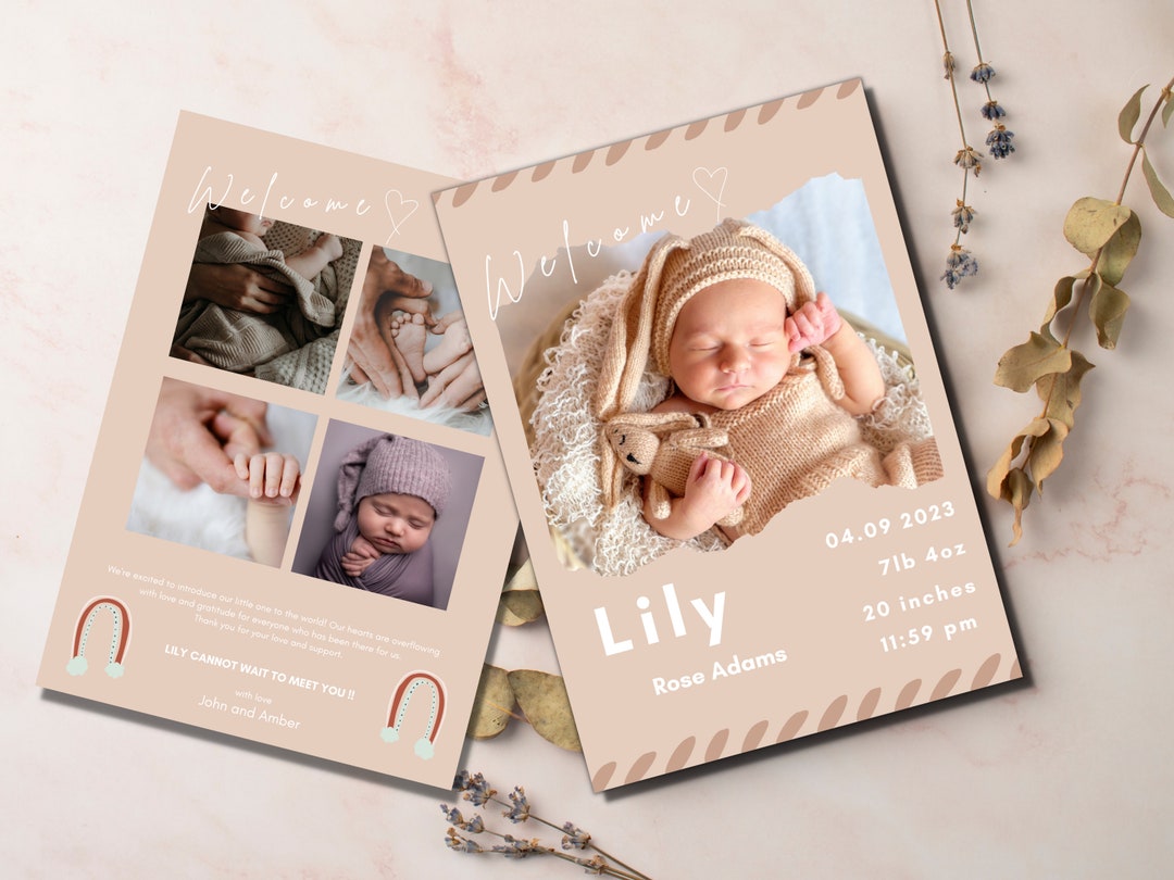 Newborn Baby Announcement Photo Card Template Birth Announcement Boho