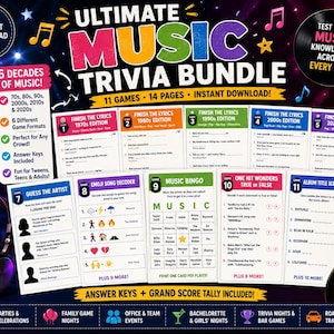 K&ouml;nnte beinhalten: Ein digitales Musik-Trivia-Paket mit 11 Spielen auf 14 Seiten. Die Grafik zeigt ein Mikrofon, Kopfh&ouml;rer und eine E-Gitarre. Der Text umfasst Ultimate Music Trivia Bundle, 6 Decades of Music sowie verschiedene Spieletitel wie Finish the Lyrics, Emoji Song Decoder, Music Bingo, One Hit Wonders und Album Title Scramble.